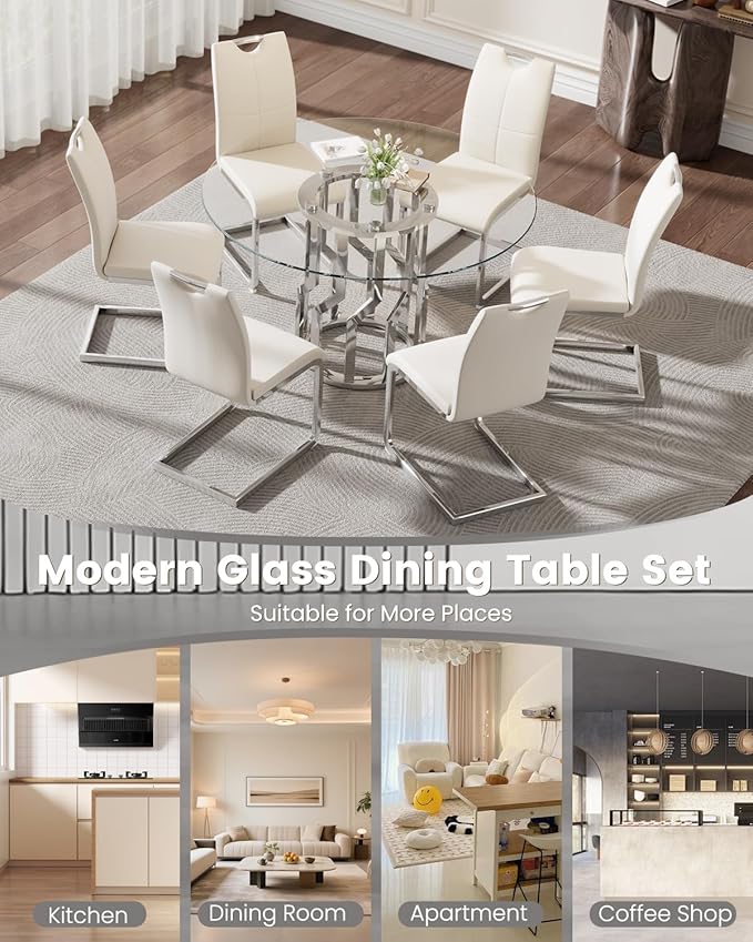 47.2" Round Glass Dining Table Set for 6, Modern 7 Piece Kitchen Table Set with Silver Stainless Steel Base & 6 PU Leather Accent Chairs, Saving Space, Dining Set for Apartment, Home - White Chair