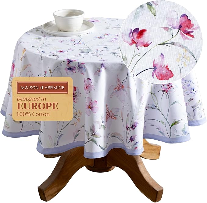 Maison d' Hermine Table Cloth Round Table 100% Cotton 69 Round Inches Tablecloth Reusable Decorative for Dining Room Farmhouse Home Valentines Day Decorations Spring Summer - Summer Floral