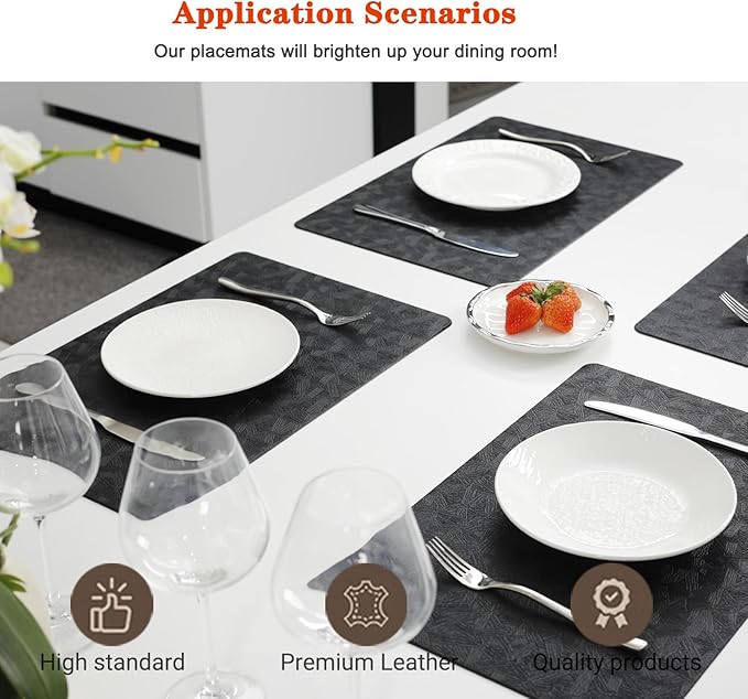 Vinyl Placemats Set of 6 Heat Resistant Easy Clean Non-Slip Place Mats for Dining Table Faux Leather Waterproof Stain Resistant Wipeable Washable PVC Table Mats(6, Black)