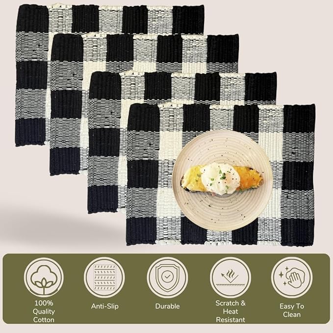 Perilla Home Cotton Placemat Set of 4 Table Mats for Kitchen Dining Home Decor Vintage Boho Rectangle Placemats (Black and White 13"x19")