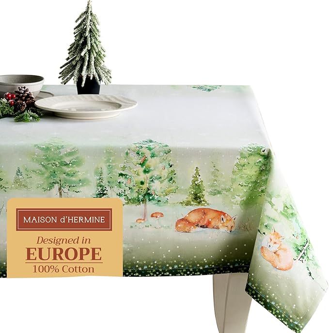 Maison d' Hermine Table Cloth Rectangle Table 100% Cotton 70 x 140 Inches Fall Tablecloth Reusable Everyday Use for Thanksgiving Christmas Decorations Dining Farmhouse Party (Winter Mornings)