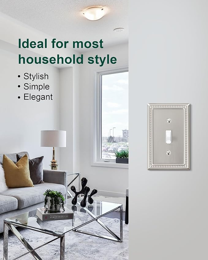 4-Pack Single Toggle Light Switch Cover Plate, Pearls Decorative Switch Plate Covers, Brushed Nickel 1 Gang Metal Wall Plate
