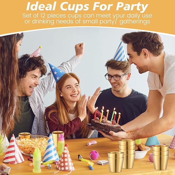Amyhill 12 Pieces Stainless Steel Cups Double Wall Tumbler Glasses Stackable Metal Drinking Cups Insulated Drinking Glasses Reusable Camping Mugs for Home Camping RV BBQ Office Party(Gold,5.9 oz)