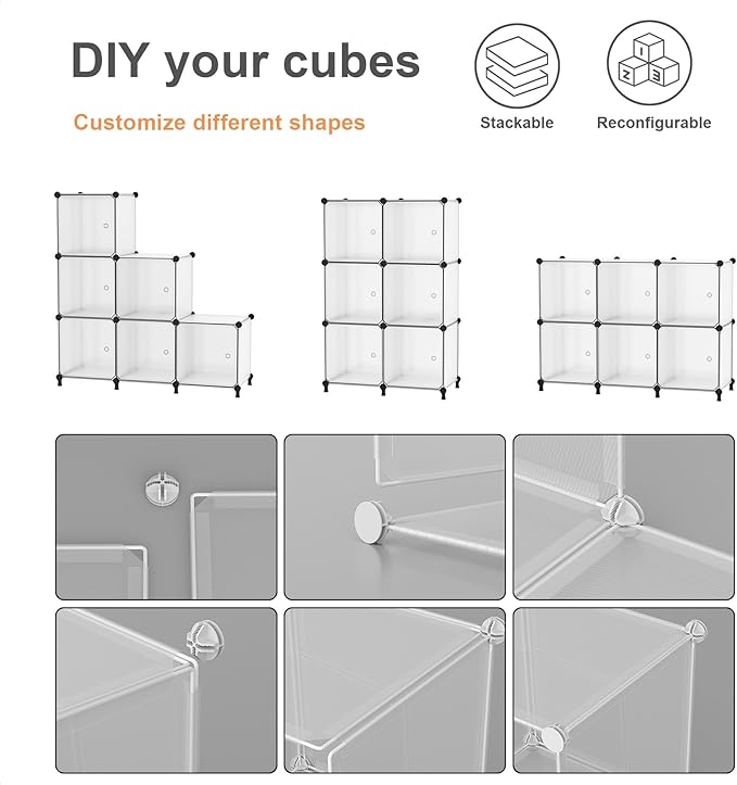 Cube Storage Organizer, 6-Cube Shelves Unit with Doors, DIY Stackable Plastic Clothes Organizer for Bedroom and Under Stairs Storage Unit, Each Compartment 30 x 30 x 30 cm Black ATTSL6001