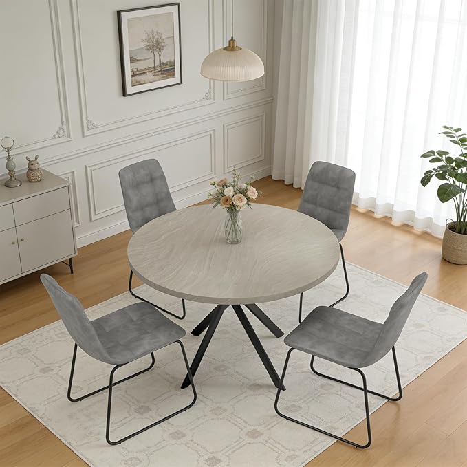 44" Round Dining Table with Cozy Chair Set for 4, Modern Mid-Century Dining Table Set of 4, Dinette Sets with Metal Leg for Kitchen Dining Room Apartment(Gray Table + Gray Chairs)