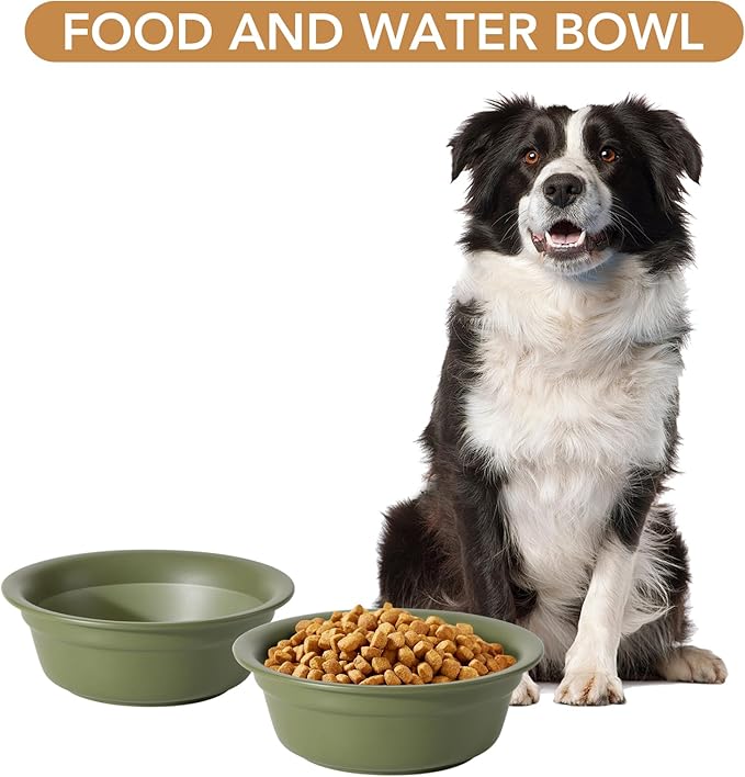 Ceramic 7.1inch Set of 2 Dog Bowls for Medium Dogs, 2pcs Basic 2.5 Cup Food or 24 oz Water Dishes for Replacement, Wide Opening Rounded Edge(2 Bowls, Olive Green)