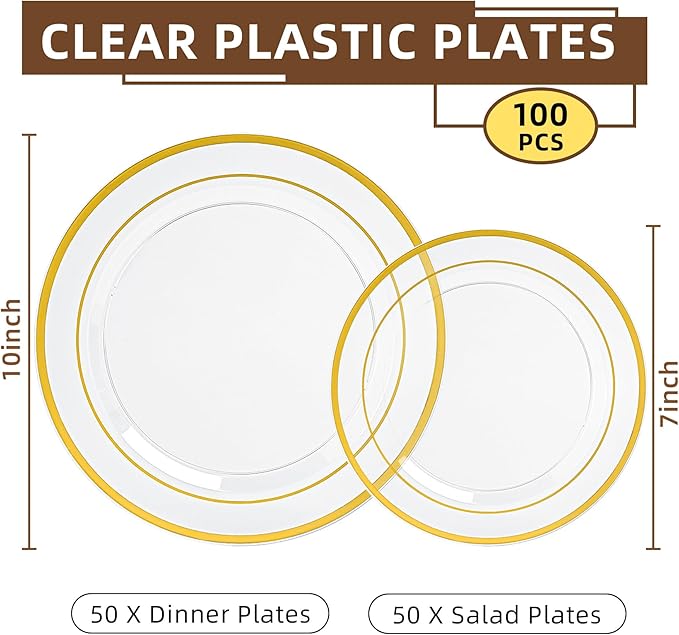200PCS Clear Plastic Plates with Gold Rim, Disposable Heavy Duty Plastic Plate, 100 Dinner and 100 Dessert Plates for Party and Wedding