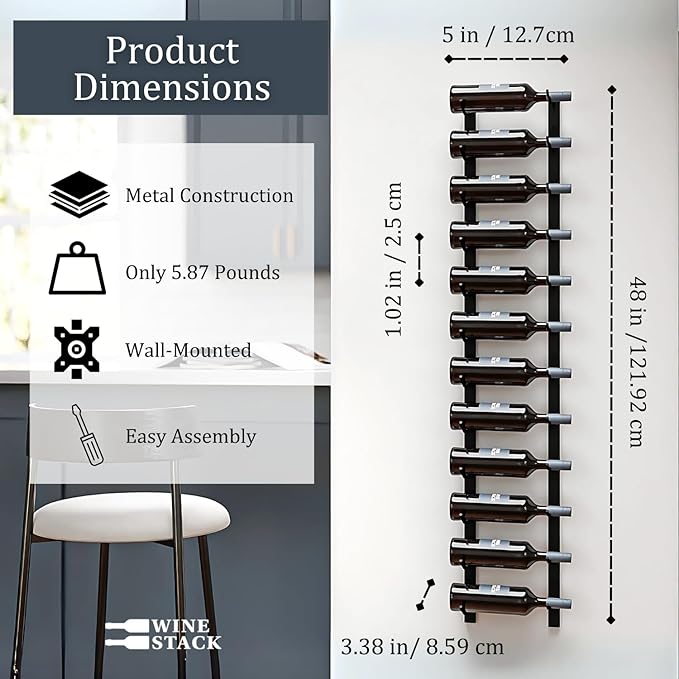 12-Bottle Black Metal Wall Mounted Wine Rack – Modern Industrial Wine Bottle Storage Organizer for Home Bar, Kitchen, Dining Area & Wine Cellar