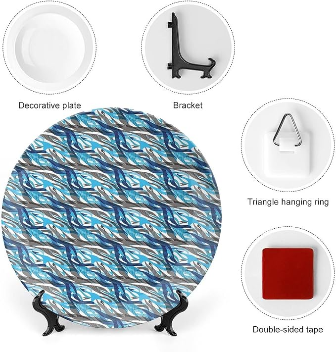 Ceramic Plates, Abstract Decorative Ceramic Plates, Modern Art Stripes Swirls Waves Trippy, 10 Inch, Household Plates Decorative, Grey Blue White