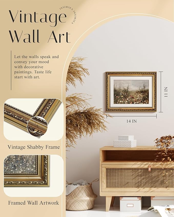InSimSea Retro Gold Framed Wall Art, Vintage Classical Wildflower Field Meadow Flowers Canvas Print Home Wall Decor, Landscape Farmhouse Decor, Antique Picture Frame Retro Paintings, 11x14 Inch