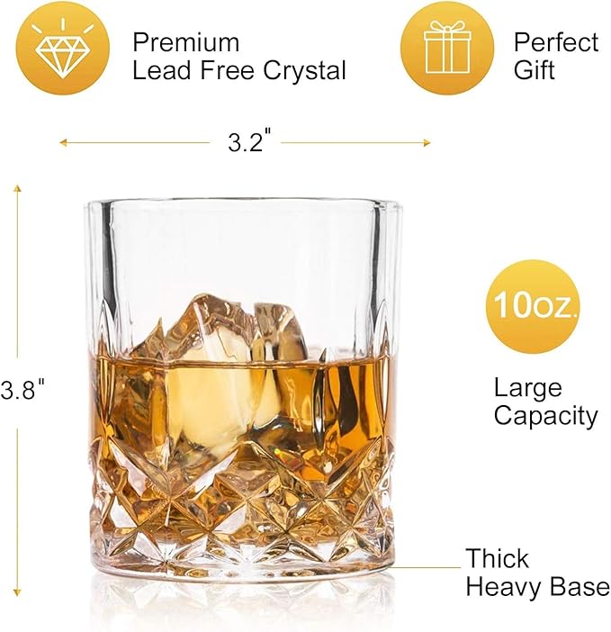Set of 4 Crystal Whiskey Glasses - 11 oz Double Old Fashioned Tumbler, Perfect for Bourbon, Vodka, and Cocktails (Set of 4)