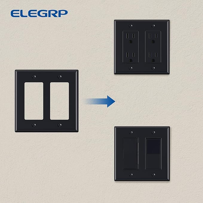 ELEGRP 2-Gang Decorative Wall Plates, Standard Size 4.53" H x 4.57" L Unbreakable Thermoplastic Faceplate Cover for Decorator Receptacle Outlet Switch, UL Listed (5 Pack, Glossy Black)