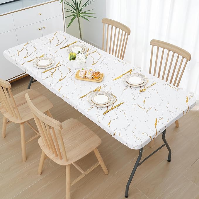 Smiry Rectangle Table Cloth Cover, Waterproof Elastic Fitted Picnic Tablecloth for 4 Foot Tables, Wipeable Flannel Backed Vinyl Tablecloths for Camping, Dining, Outdoor (White, 30" x 48")