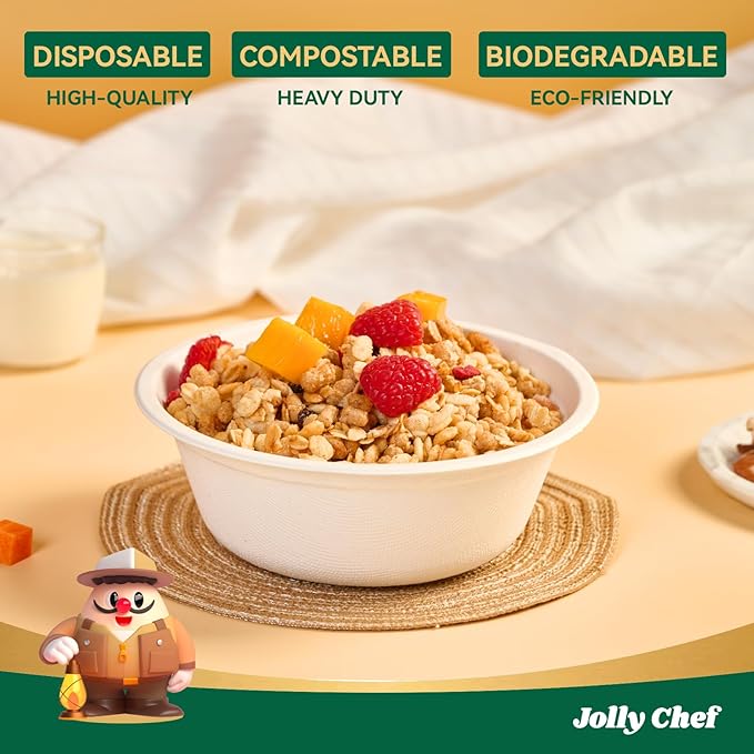 JOLLY CHEF Compostable Disposable Paper Bowl [16 oz] Heavy Duty Soup Containers [150 Pack] Biodegradable Bagasse Hot Cold Food Eco-Friendly Sugarcane Microwavable Bowls for Salad Milk Thanksgiving Day