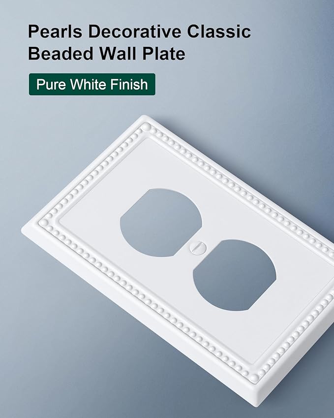2-Pack Duplex Outlet Cover Plate, Pure White Metal Wall Plates for Electrical Outlets, 1 Gang Receptacle Light Switch Cover, Pearls Decorative Switch Plates and Outlet Covers