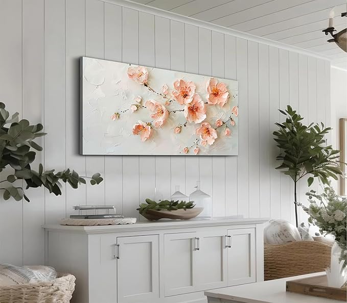 ADJUVANT Wall Art Impressionist Pink Floral 40"L x 20"W, Cherry Blossoms Canvas Painting Soft Petals Artwork Pastel Tones Prints Spring Flowers Wall Decor for Living Room Bedroom Bathroom Home Office