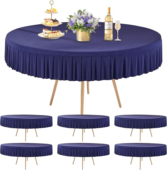 6 Pack Navy Blue Spandex Round Tablecloths for 72in Table, Stretchy Fitted 6FT Round Table Cloths, Wrinkle Free Table Cover with Skirt for Wedding Birthday Party Bridal Shower Banquet