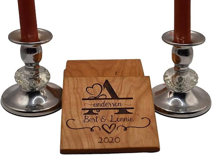 Personalized Wooden Coasters with Monogram, Wedding Date Engraved, Family Name- Choice of Wood (Wedding Couple)