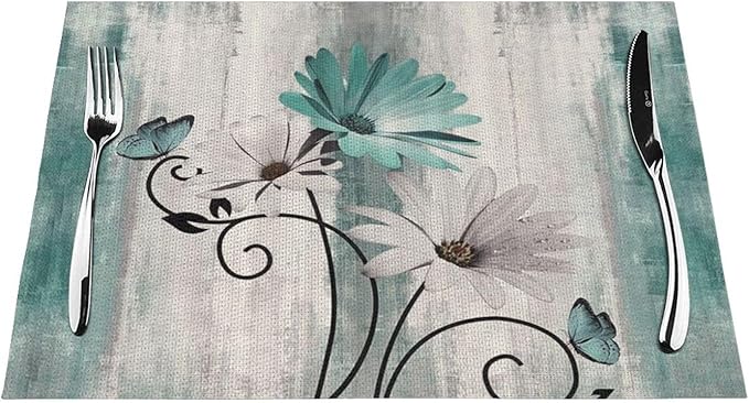 Floral Placemats 12x18 Inches Set of 4, Teal Blue Daisy Floral Decorative Modern Placemats Rectangle Linen Table Mats for Party, Home Kitchen,Dining Table Decoration