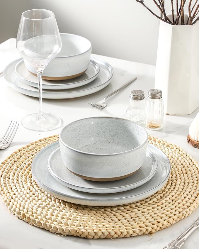 Hasense Plates and Bowls Sets, 3 Pieces Modern Porcelain Dishes Sets, Stoneware Dinnerware Sets with Speckled Pattern, Scratch Resistant Microwave and Dishwasher Safe, White