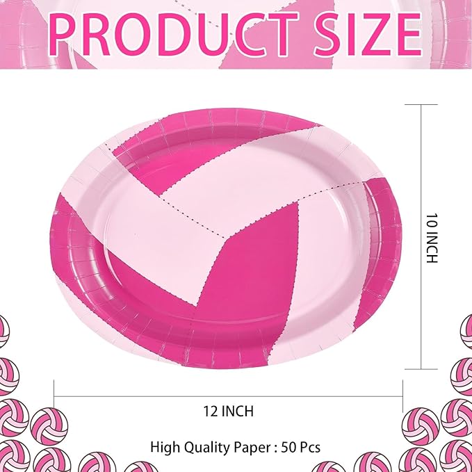 Grencian 50Pcs Pink Volleyball Party Supplies 10" x 12" Volleyball Oval Paper Plates Sport Birthday Party Disposable for Girls Ball Games Birthday Baby Shower Decorations