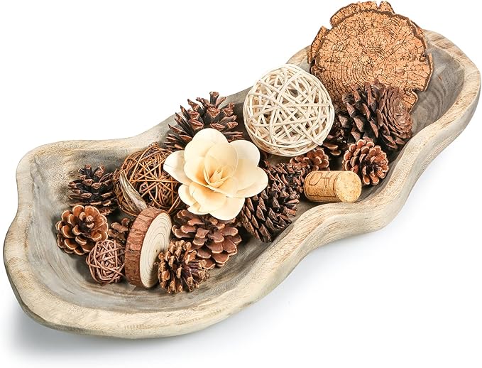 Wavy Live Edge Wooden Dough Bowl for Decor 16"L Medium Natural Root Wood Hand Carved Decorative Wooden Farmhouse Fruit Bowl Handmade, Home Decoration Centerpiece, Table Display Bowl