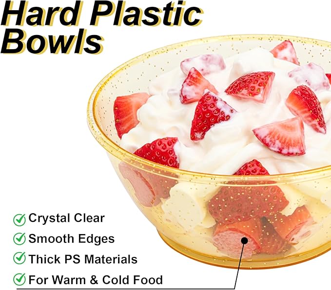 WUWEOT 150 Pack Gold Glitter Mini Plastic Bowls, 6Oz Disposable Dessert Bowls, Round Serving Bowl Small Party Snack Salsa Containers for Wedding Baby Shower Birthday Party
