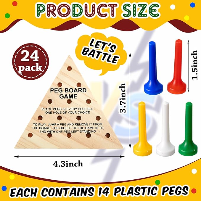 Skylety 24 Pack Triangle Peg Games Wooden Board Table Game for Family Boys Girls Adults, Learning Toys Travel Peg Jump Toys Triangle Puzzle Brain Teaser Christmas Gifts (Multicolor)