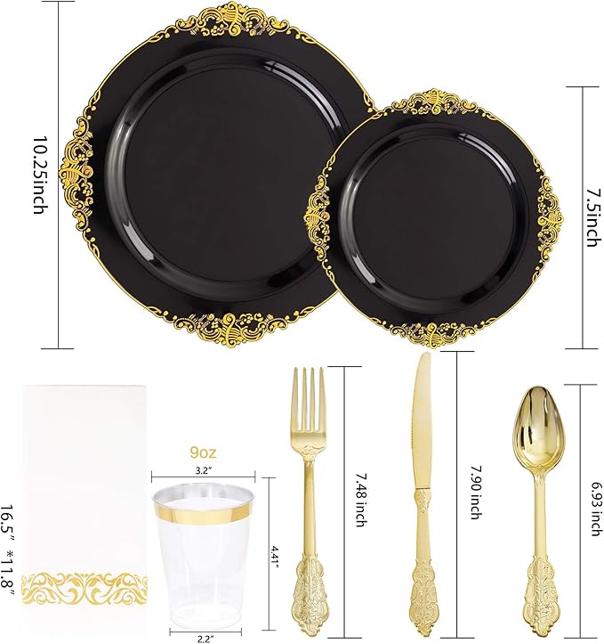 Hioasis 175pcs Black and Gold Plates - Black Party Plates for 25 Guest, Include 50 Heavy-duty Plates(20% Thicker Than Standard), 75 Cutlery Set, 25 Napkin, 25 Cups