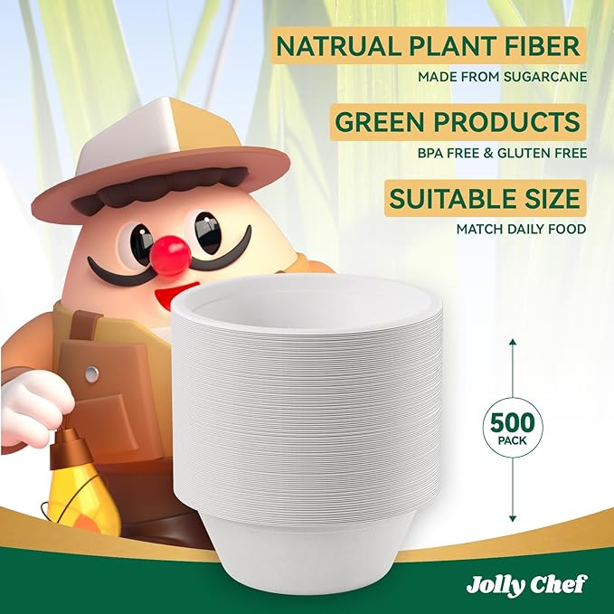 JOLLY CHEF Compostable Disposable Paper Bowls [16 oz] Heavy Duty Soup Uncoated Containers [500 Pack] White Biodegradable Bagasse Hot Cold Food Eco-Friendly Sugarcane Microwavable for Dessert Christmas
