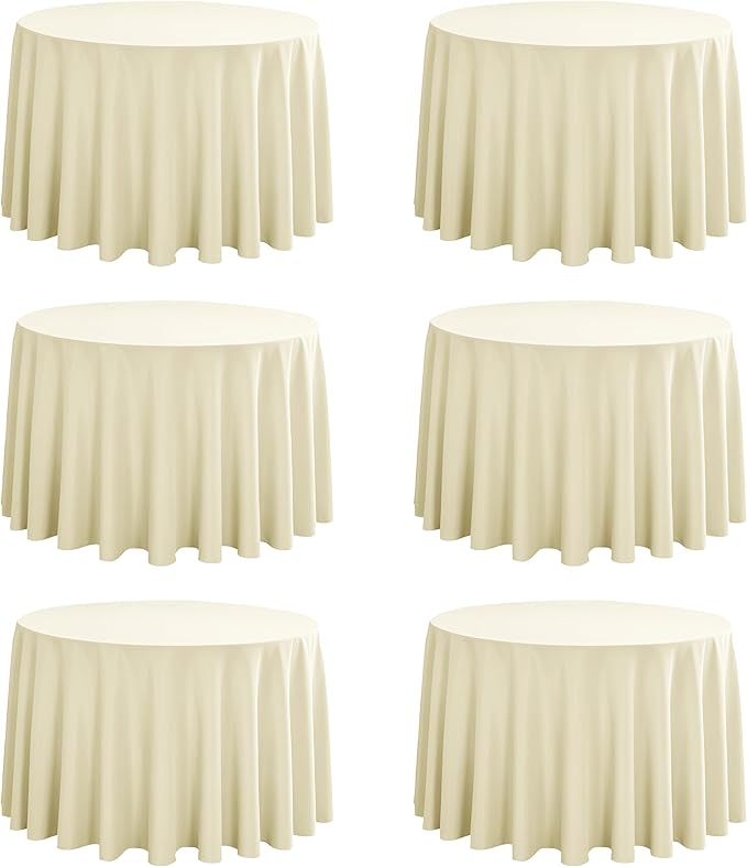 6-Pack Round 108-inch Beige Table Cloths, Solid Stain and Wrinkle Resistant Circular Tablecloth, Premium Plain Weave Polyester Fabric Table Linen Covers for Hotel, Banquet