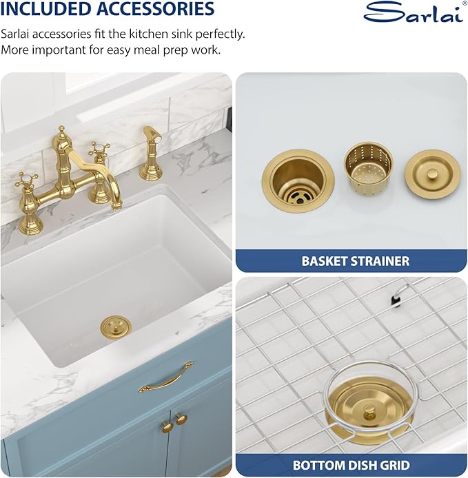 Sarlai 27 Inch White Undermount Sink 27x19 Inch White Kitchen Sink Dual Drop in & Undermount Kitchen Sinks Fireclay Single Bowl Deep Porcelain Ceramic Basin