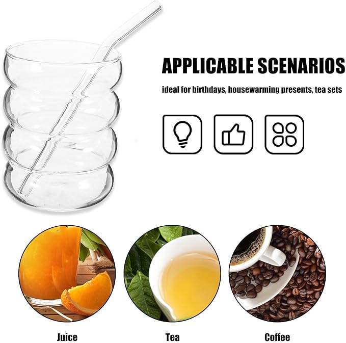 Glass Cup and Straw Set 300ml Ribbed Single-layer Glass Cups with Straws and Cleaning Brush, Juice Container and Coffee Glassware for Home Kitchen Dining, 9pcs Drinkware Set