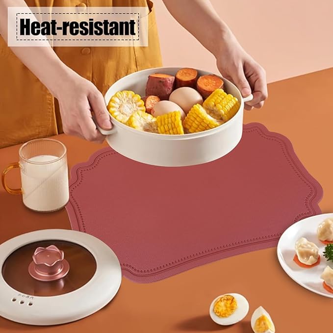 Red Faux Leather Placemats Set of 6,Waterproof PU Placemat for Dining Table,Wipeable Eco-Friendly Kitchen Table Mats Heat Resistant Anti Slip Washable,Modern Table Protectors