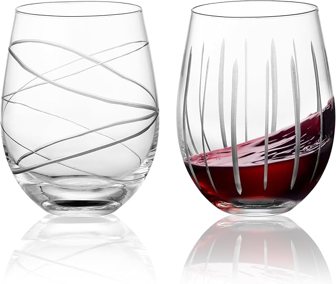 Joeyan Hand Blown Etched Stemless Wine Glasses for Red Wine,Large Carved Drinking Glass Cups Tumblers with Strips Swirls Pattern for Wedding Anniversary Party Home,Set of 2, 17.5 oz, Dishwasher Safe