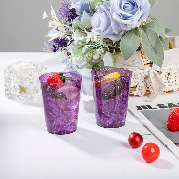 DaYammi 100 Pack 10 oz Purple Plastic Cups- Disposable Cups Tumblers, Elegant Purple Glitter Party Drinking Cup Perfect for Wedding Purple cups Perfect for Valentine's Day Party