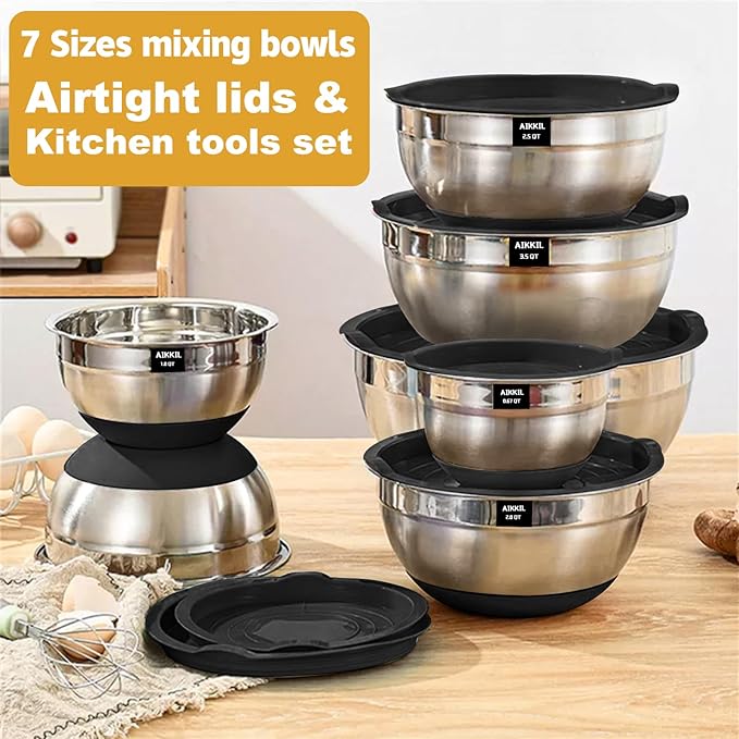 Mixing Bowls with Airtight Lids, 20 piece Stainless Steel Metal Nesting Bowls, Non-Slip Silicone Bottom, Size 7, 3.5, 2.5, 2.0,1.5, 1,0.67QT Great for Mixing, Baking, Serving (Black)