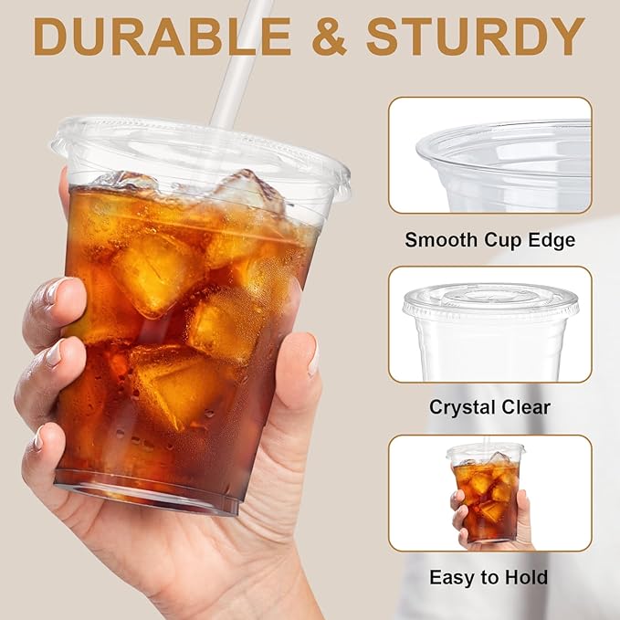 12 oz 100 Pack Plastic Cups with Lids and Straws, Sturdy Food Safe Iced Clear Coffee Cups Disposable Smoothie Cups for Cold Drinks
