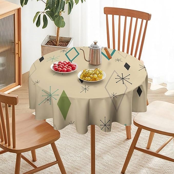 Colorful Middle Century Round Tablecloth, Vintage Bohemian Mid Century Modern Retro Print Tablecloth for Home Party Dining Room Kitchen Decor 50Inch(127cm)