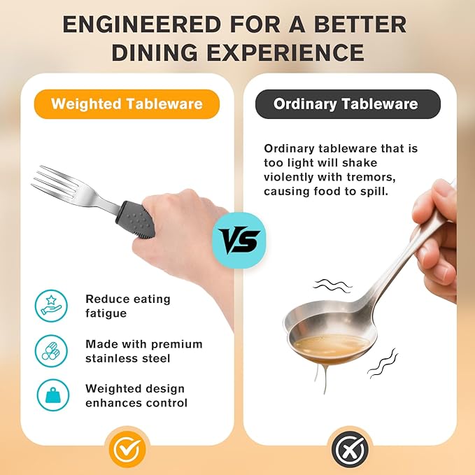 4PCS Weighted Adaptive Utensils, Parkinsons Utensils for Hand Tremors, Elderly, 3.5oz Weighted Utensils for Tremors and Parkinsons Patients, Disabled (Gray, Straight)