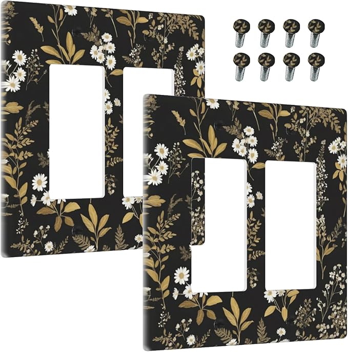 Outlet Covers Black/Gold Boho Botanical Floral Rustic Flowers 2 Gang Light Switch Cover Double Rocker Wall Plate Decorative GFCI Receptacle Electrical Switchplate for Bathroom Kitchen（2 Pack）