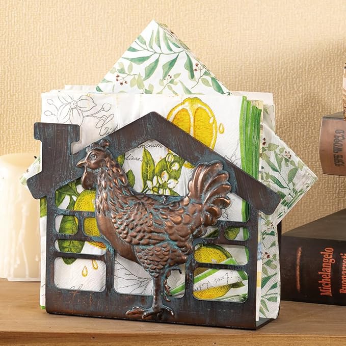 Metal Rooster Napkin Holder for Table,Rustic Farmhouse Napkin Holders for Paper Napkins,Antique Copper Tusse Napkins Stand Tabletop Dispenser with Non-Slip for Kitchen Dining Room Coffee Shop Bar