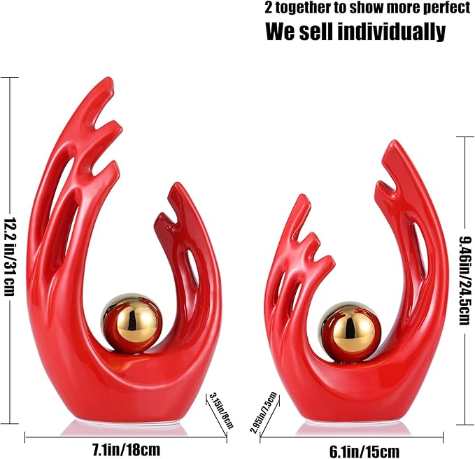 LCCCK 9.5" H Red Gold Aesthetic Room Decor Accent, TV Stand Funky Table Centerpiece, Abstract Art Ceramic Statue and Sculpture, Red Decor for Living Room, Bookshelf Decorative Objects, Shelf Decor