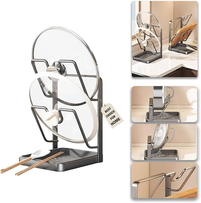 Kitchen Pot Lid Storage Rack, Pot Lid Holder for Countertop, Pot Lid Organizer Rack with Tray, Lid And Spoon Rest, Multifunctional Stand for Stove Top Kitchen Accessories (Gray, Double-layer)