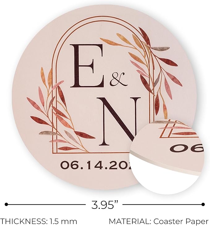 100 Pack Personalized Wedding Coasters, Custom Cardboard Coasters for Drinks with Photo Print and Text, Keepsake Wedding Favors and Gifts for Couples, 3.95" Round (Design 3)