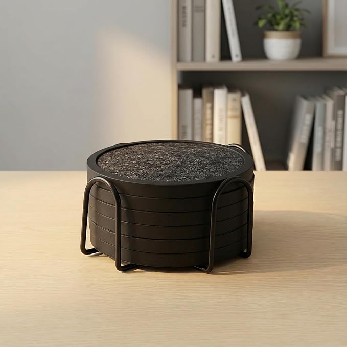 Absorbent Coasters for Drinks with Holder - 6packs, Silicone Coaster with Soft Felt Insert (4.3 inch Coasters with 4.5 inch Holder, Black and White)