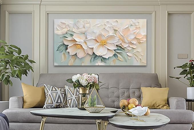 Anolyfi White Textured Flowers Canvas Wall Art for Living Room, Modern Aesthetic Picture Sage Florals Painting Wall Decor, Large Artwork for Hallway Bedroom Office Home Decor 48"x24"