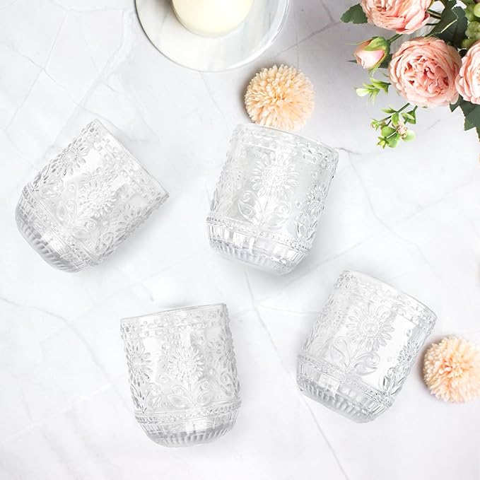 Topsky Vintage Drinking Glass Set of 4,12 oz Embossed Floral Drinkware Set,Colorful Drinking Glasses Cups Wine Glasses Colored Glassware for Whisky,Beer,Juice,Cocktail,Heavy Duty-Clear