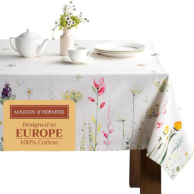 Maison d' Hermine Table Cloth Rectangle Table 100% Cotton 54 x 72 Inches Tablecloth Reusable Decorative for Dining Room Farmhouse Home Valentines Day Decorations Spring Summer - Botanical Fresh