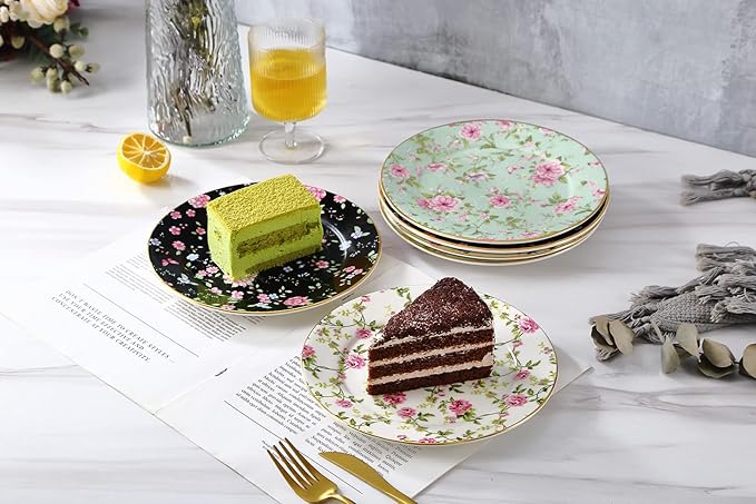 Floral Salad Plates, Set of 6 – 8 Inch Ceramic Appetizer Plates with Gold Trim, Vintage Floral Design for Dessert, Tea Party, Dinner, Decorative Serving